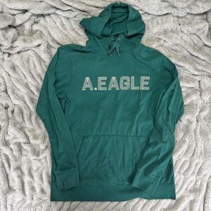 American Eagle Hoodie Men Medium Teal Green Long Sleeve Pullover Logo Graphic